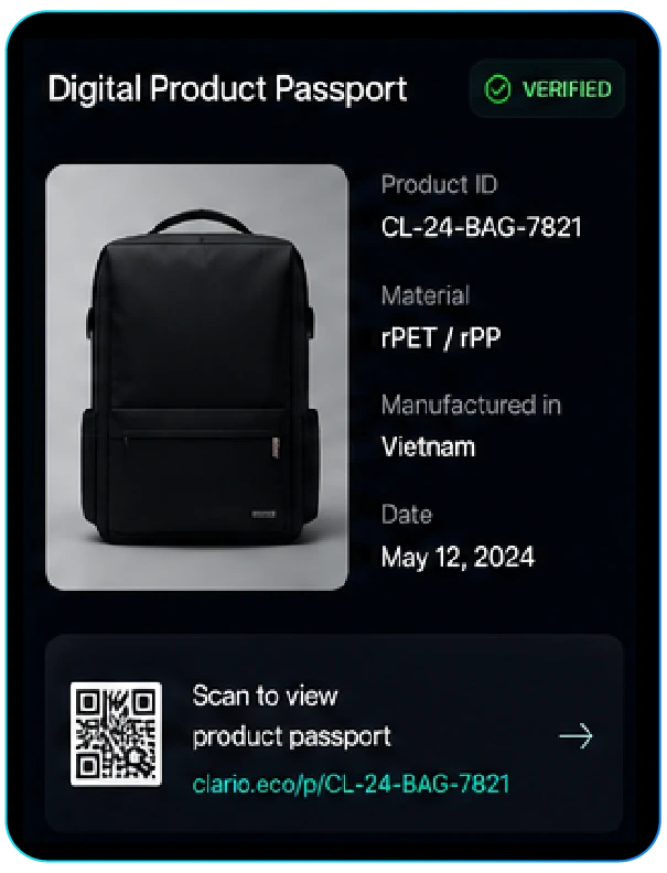 Digital Product Passport example: verified product origin, materials and a QR code to access its passport.